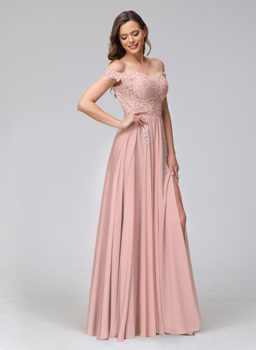 Vestidos Longos de Dama de Honra com Apliques de Chiffon Sem Mangas com Ombros de Fora e Fenda Lateral