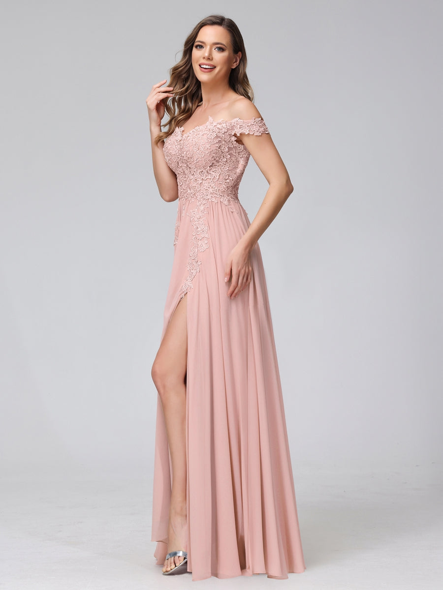 Vestidos Longos de Dama de Honra com Apliques de Chiffon Sem Mangas com Ombros de Fora e Fenda Lateral