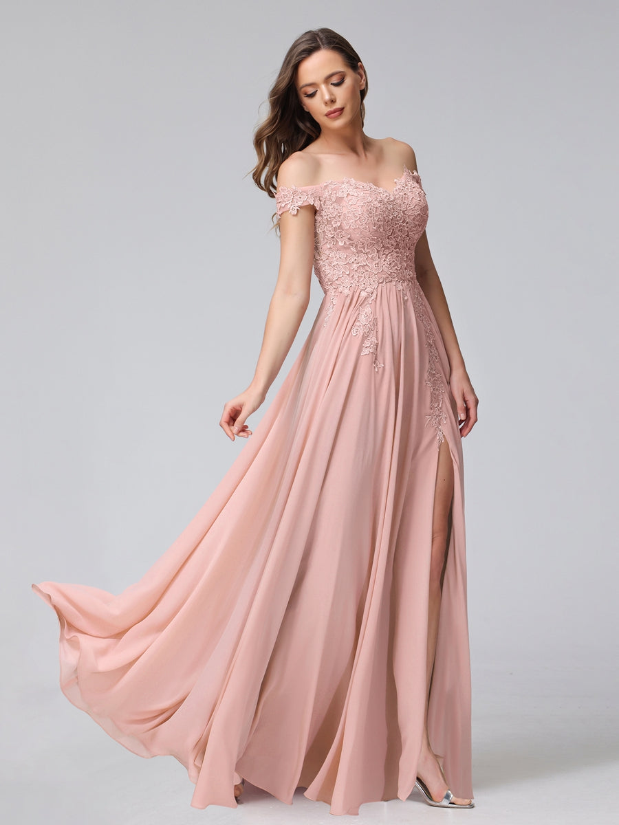 Vestidos Longos de Dama de Honra com Apliques de Chiffon Sem Mangas com Ombros de Fora e Fenda Lateral