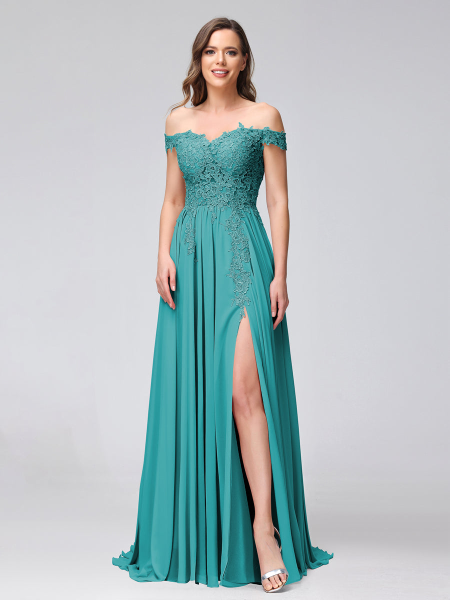 Vestidos Longos de Dama de Honra com Apliques de Chiffon Sem Mangas com Ombros de Fora e Fenda Lateral