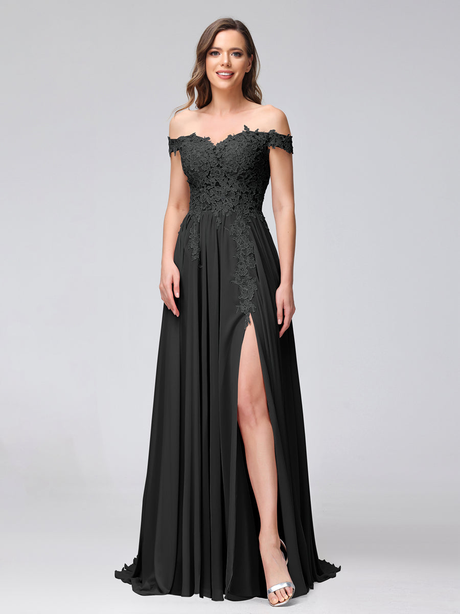 Vestidos Longos de Dama de Honra com Apliques de Chiffon Sem Mangas com Ombros de Fora e Fenda Lateral