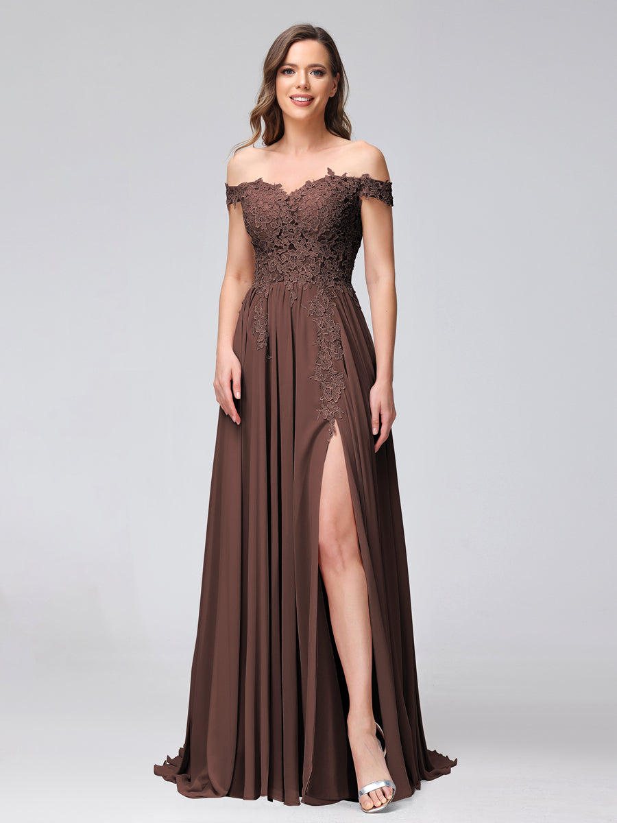 Vestidos Longos de Dama de Honra com Apliques de Chiffon Sem Mangas com Ombros de Fora e Fenda Lateral