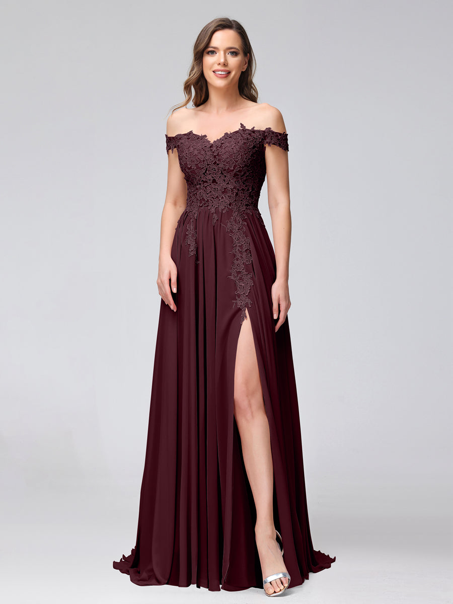 Vestidos Longos de Dama de Honra com Apliques de Chiffon Sem Mangas com Ombros de Fora e Fenda Lateral