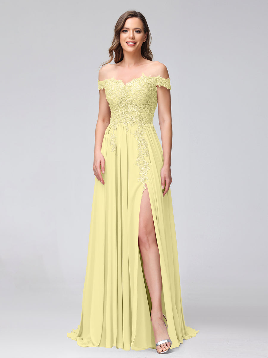 Vestidos Longos de Dama de Honra com Apliques de Chiffon Sem Mangas com Ombros de Fora e Fenda Lateral