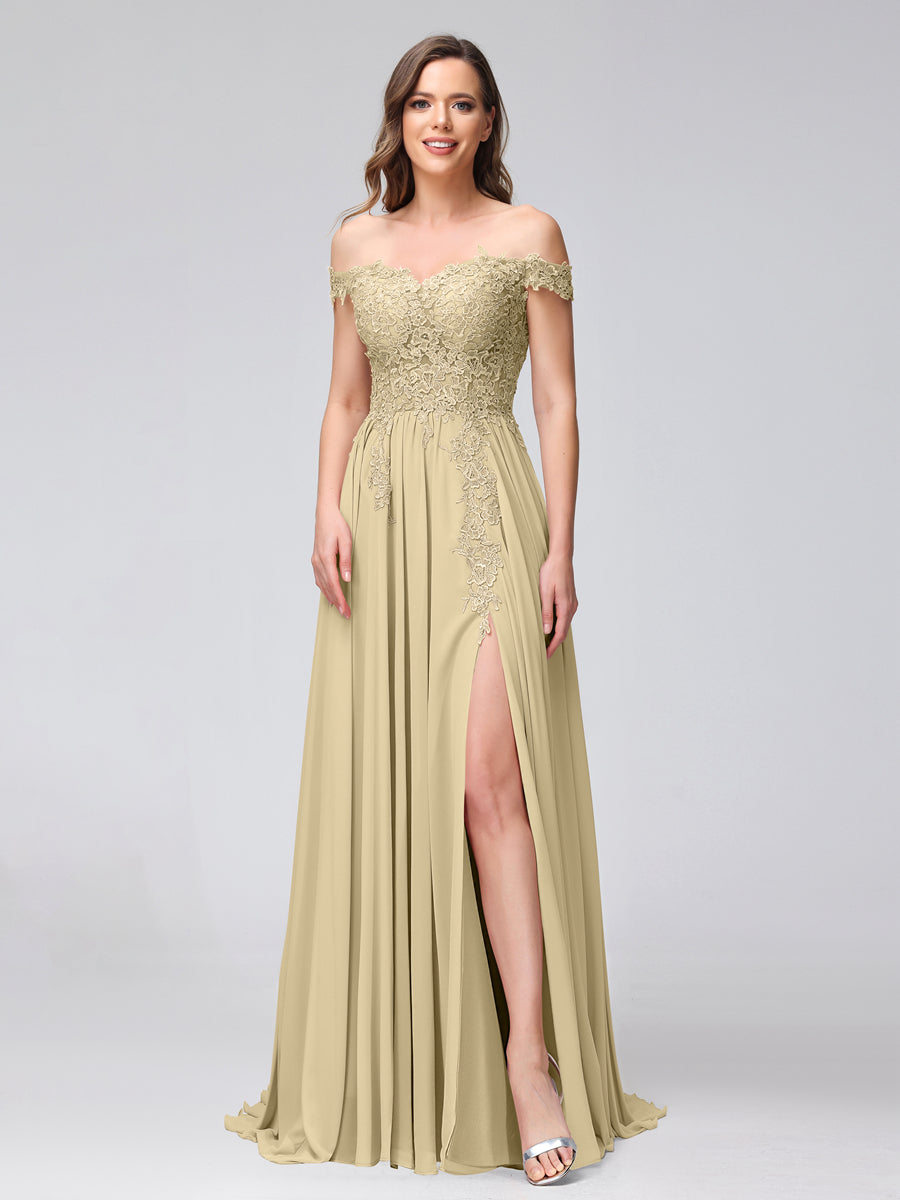 Vestidos Longos de Dama de Honra com Apliques de Chiffon Sem Mangas com Ombros de Fora e Fenda Lateral