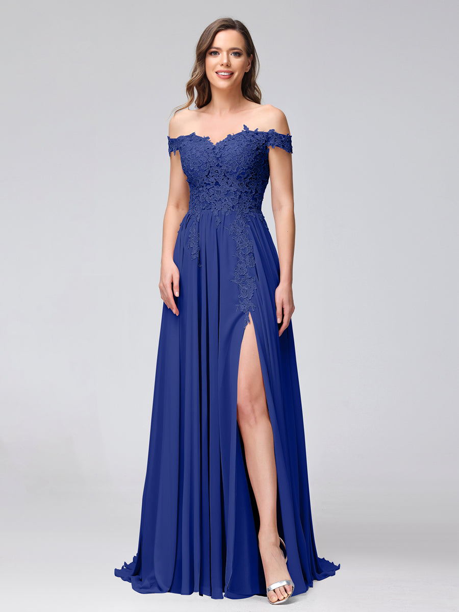 Vestidos Longos de Dama de Honra com Apliques de Chiffon Sem Mangas com Ombros de Fora e Fenda Lateral