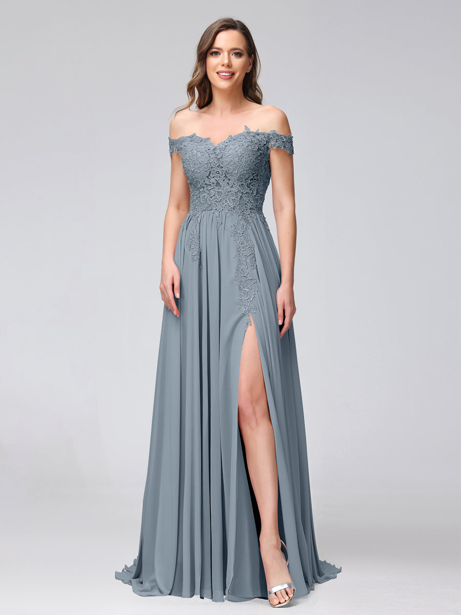 Vestidos Longos de Dama de Honra com Apliques de Chiffon Sem Mangas com Ombros de Fora e Fenda Lateral