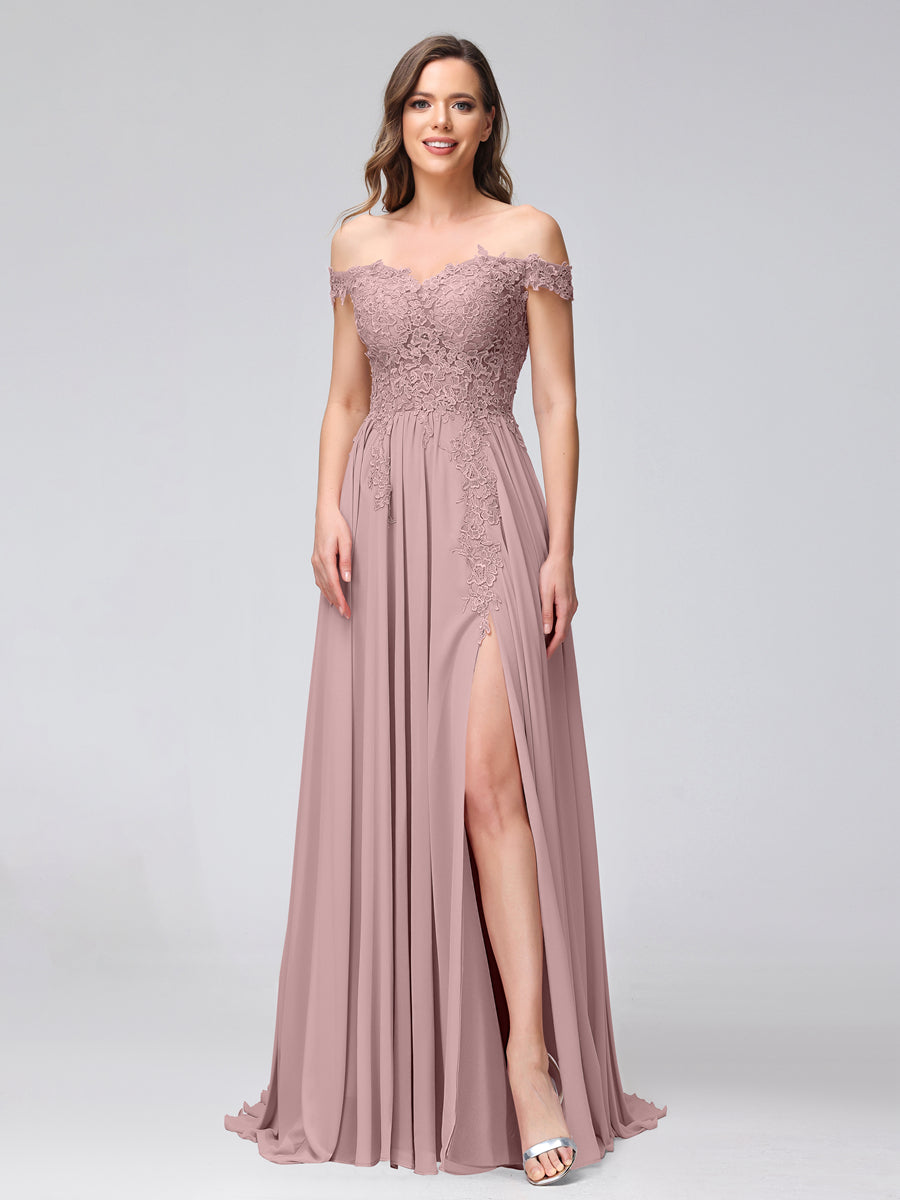 Vestidos Longos de Dama de Honra com Apliques de Chiffon Sem Mangas com Ombros de Fora e Fenda Lateral