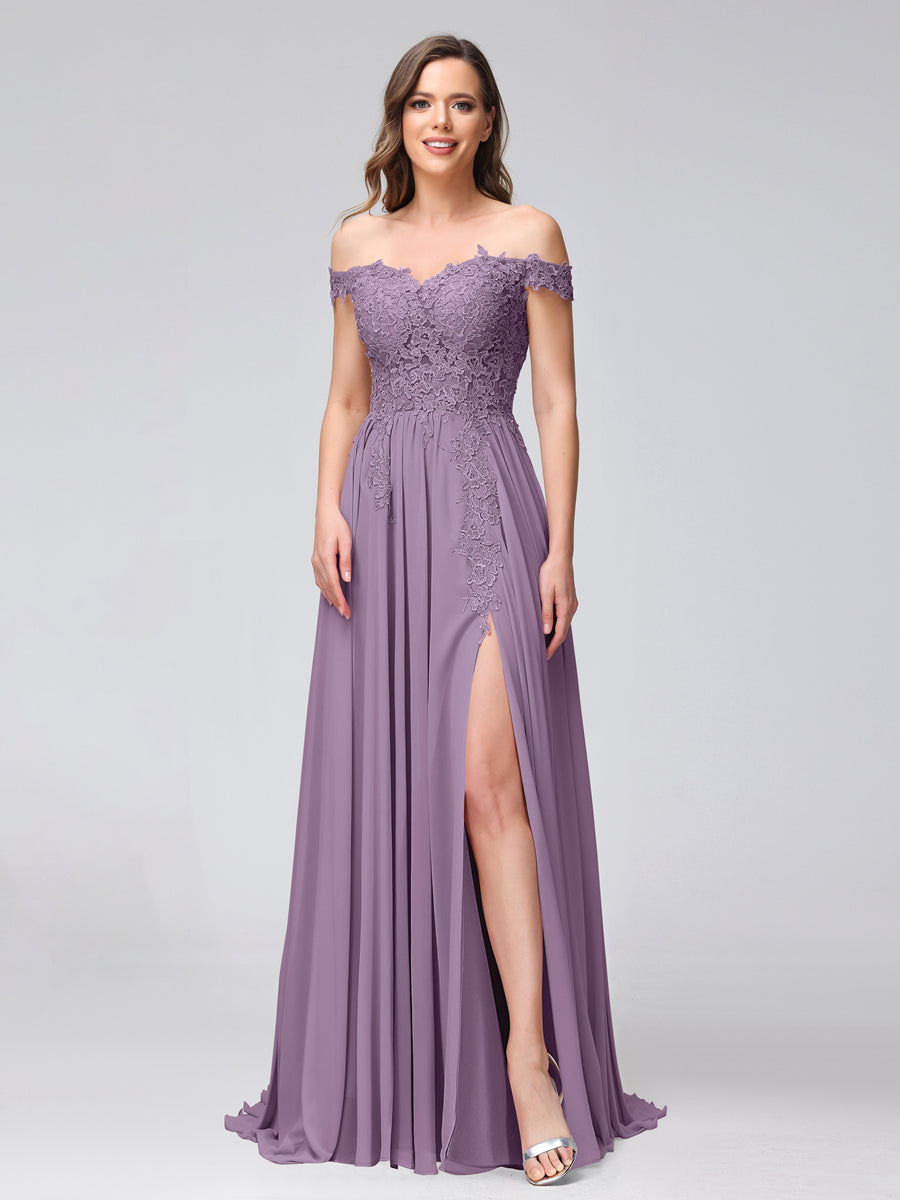 Vestidos Longos de Dama de Honra com Apliques de Chiffon Sem Mangas com Ombros de Fora e Fenda Lateral