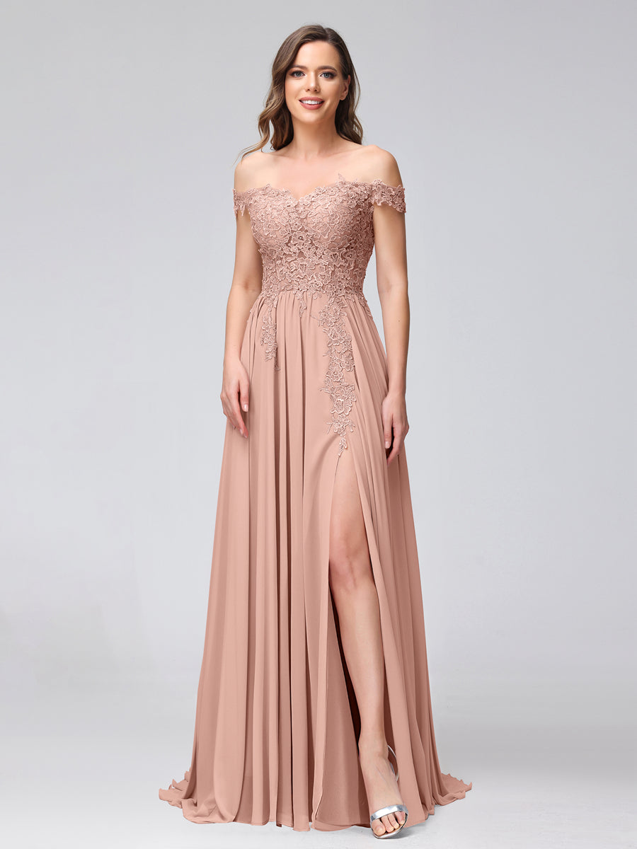 Vestidos Longos de Dama de Honra com Apliques de Chiffon Sem Mangas com Ombros de Fora e Fenda Lateral