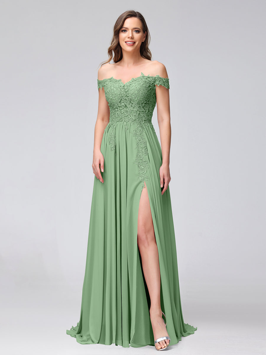 Vestidos Longos de Dama de Honra com Apliques de Chiffon Sem Mangas com Ombros de Fora e Fenda Lateral