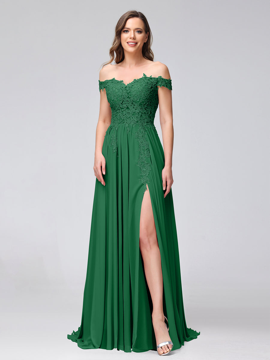 Vestidos Longos de Dama de Honra com Apliques de Chiffon Sem Mangas com Ombros de Fora e Fenda Lateral