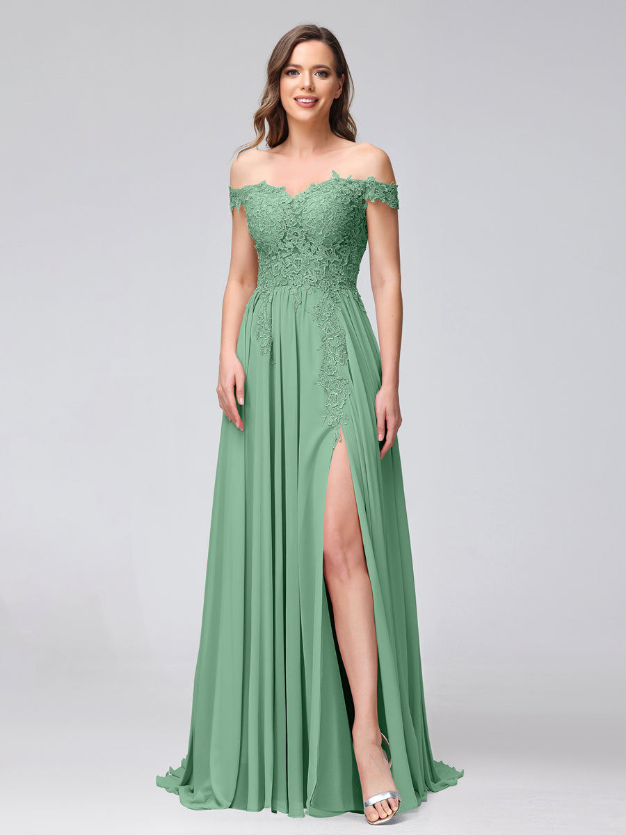 Vestidos Longos de Dama de Honra com Apliques de Chiffon Sem Mangas com Ombros de Fora e Fenda Lateral
