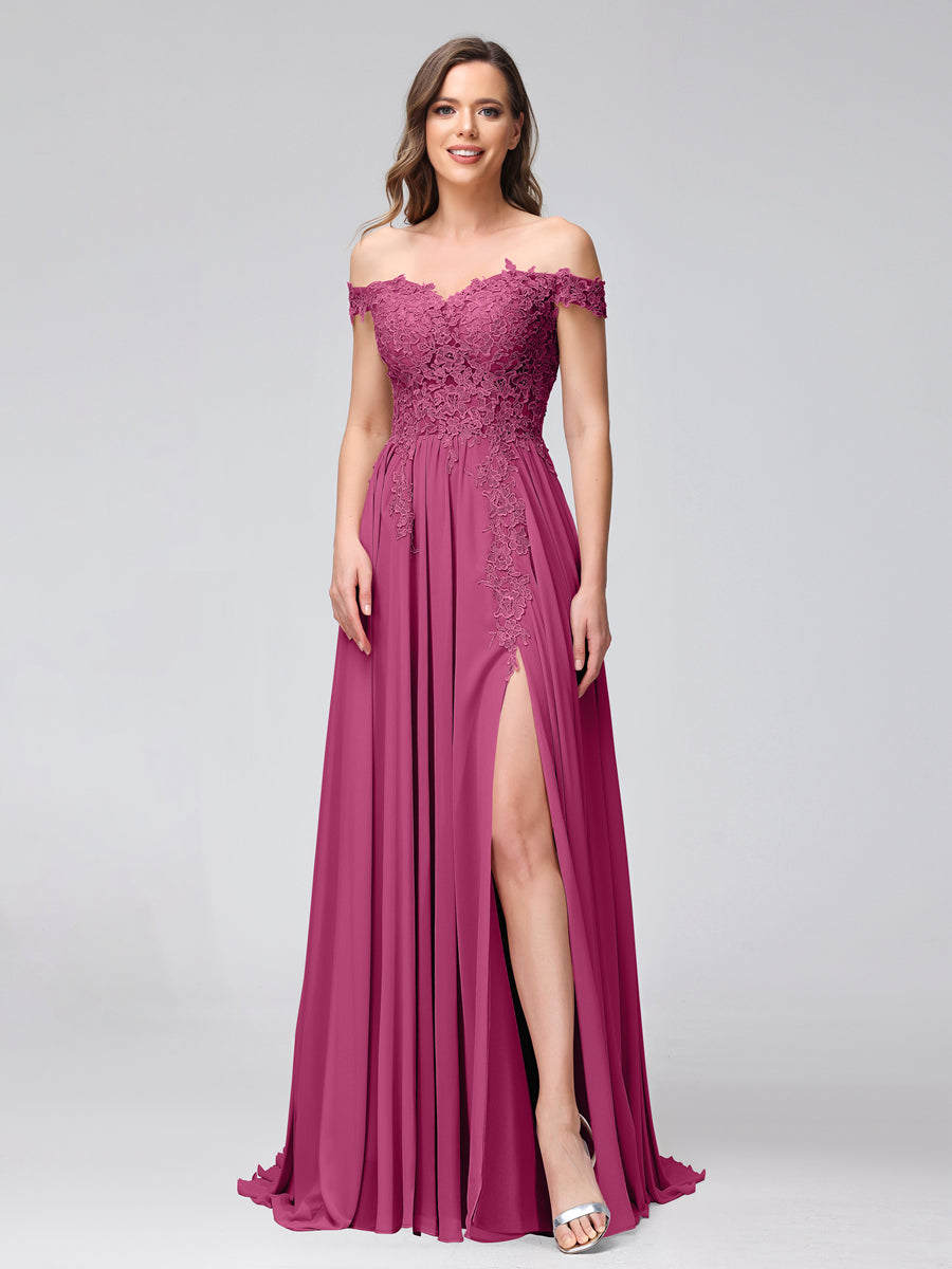 Vestidos Longos de Dama de Honra com Apliques de Chiffon Sem Mangas com Ombros de Fora e Fenda Lateral
