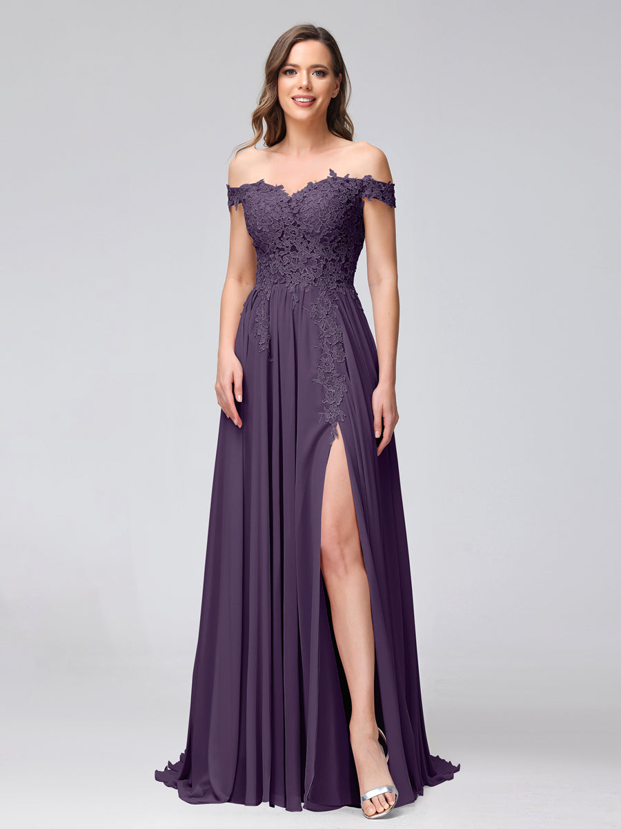 Vestidos Longos de Dama de Honra com Apliques de Chiffon Sem Mangas com Ombros de Fora e Fenda Lateral