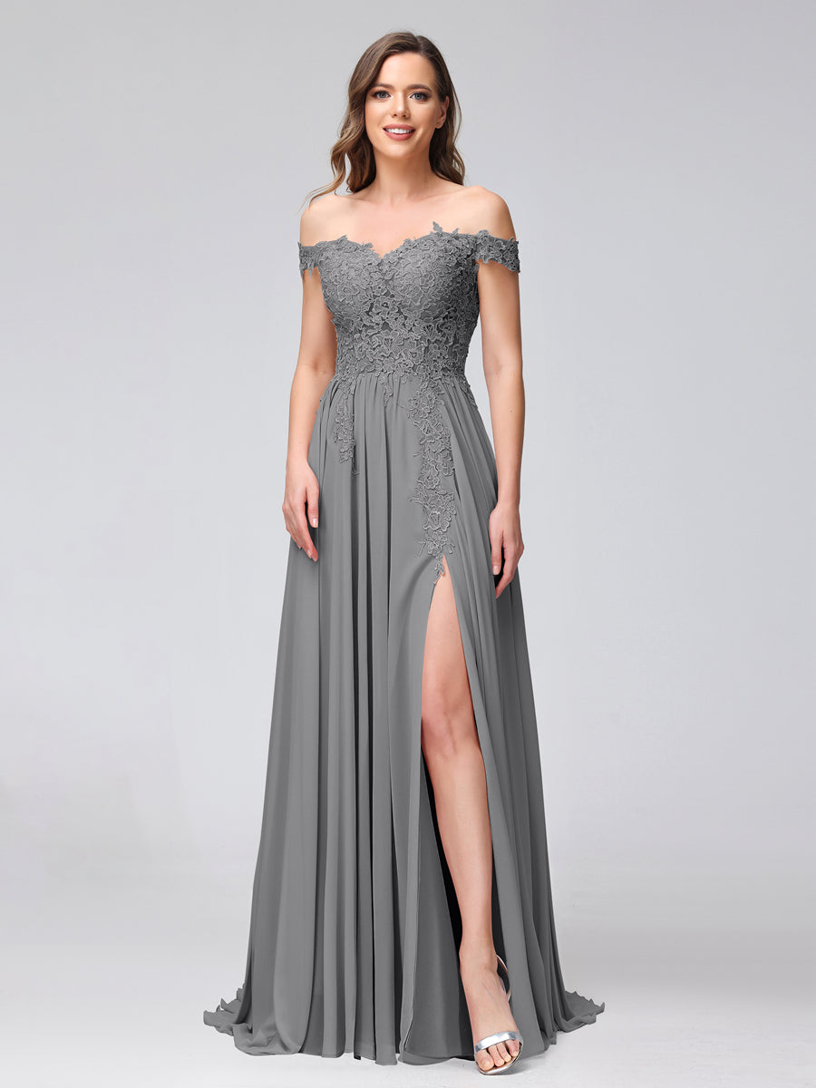 Vestidos Longos de Dama de Honra com Apliques de Chiffon Sem Mangas com Ombros de Fora e Fenda Lateral