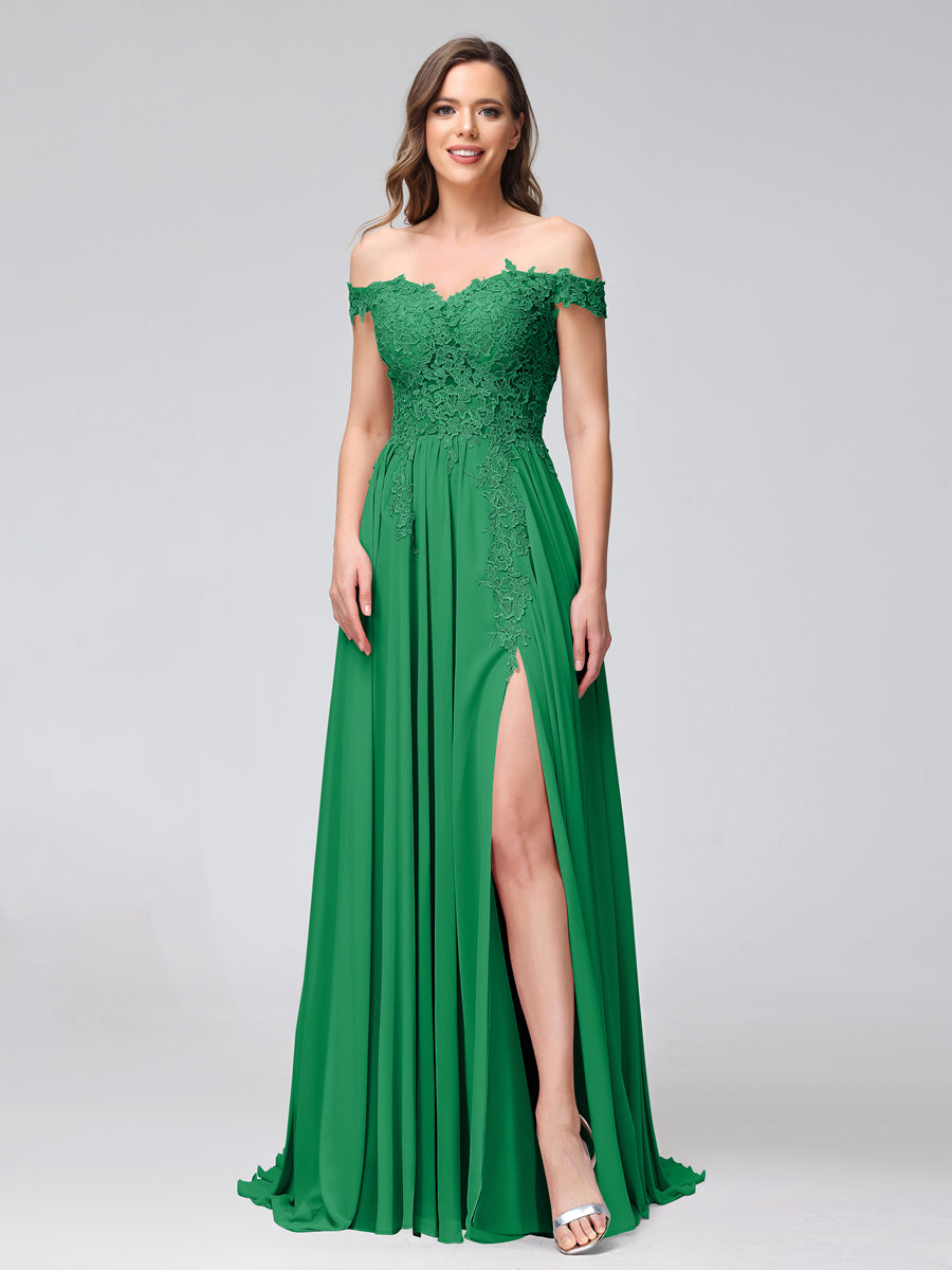 Vestidos Longos de Dama de Honra com Apliques de Chiffon Sem Mangas com Ombros de Fora e Fenda Lateral