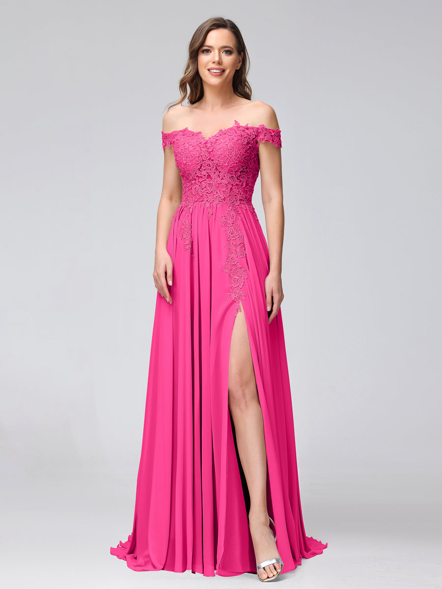 Vestidos Longos de Dama de Honra com Apliques de Chiffon Sem Mangas com Ombros de Fora e Fenda Lateral