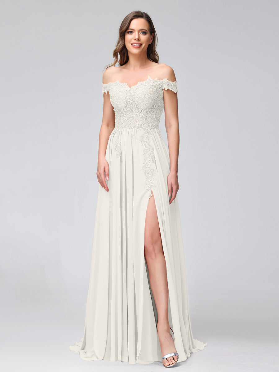 Vestidos Longos de Dama de Honra com Apliques de Chiffon Sem Mangas com Ombros de Fora e Fenda Lateral