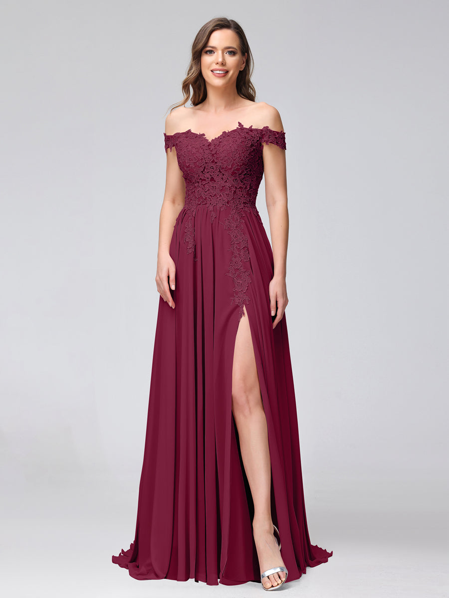Vestidos Longos de Dama de Honra com Apliques de Chiffon Sem Mangas com Ombros de Fora e Fenda Lateral