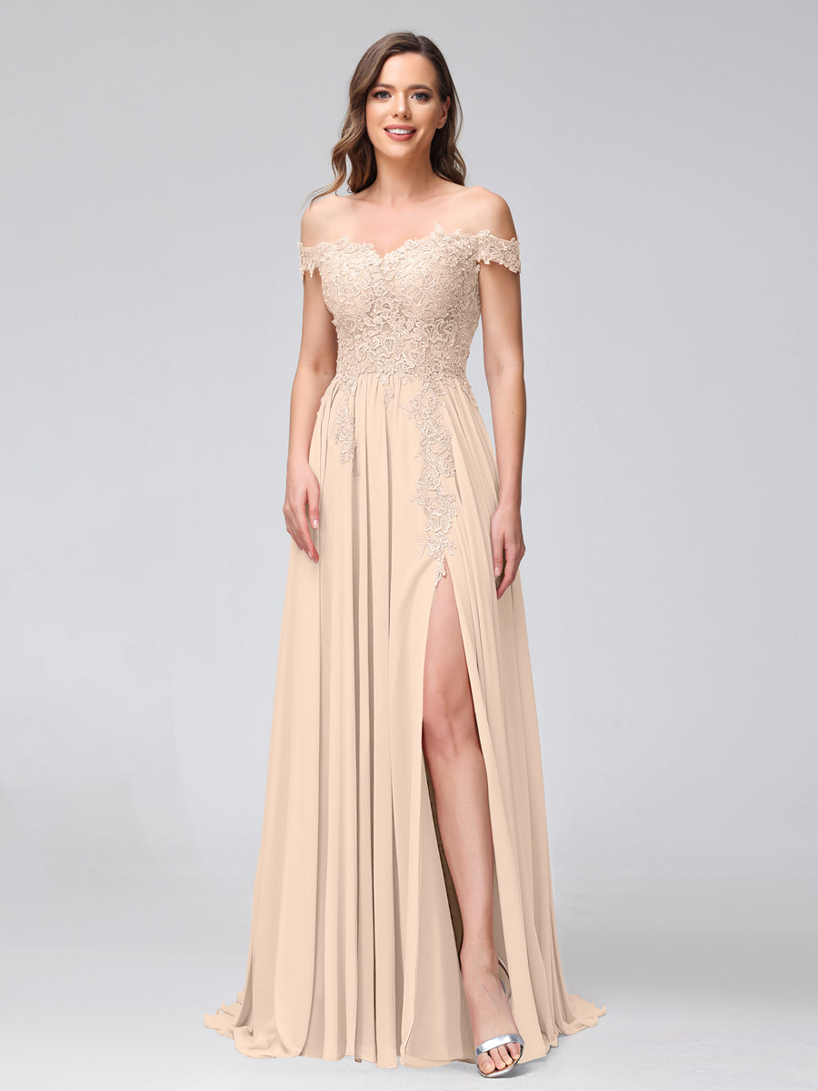 Vestidos Longos de Dama de Honra com Apliques de Chiffon Sem Mangas com Ombros de Fora e Fenda Lateral