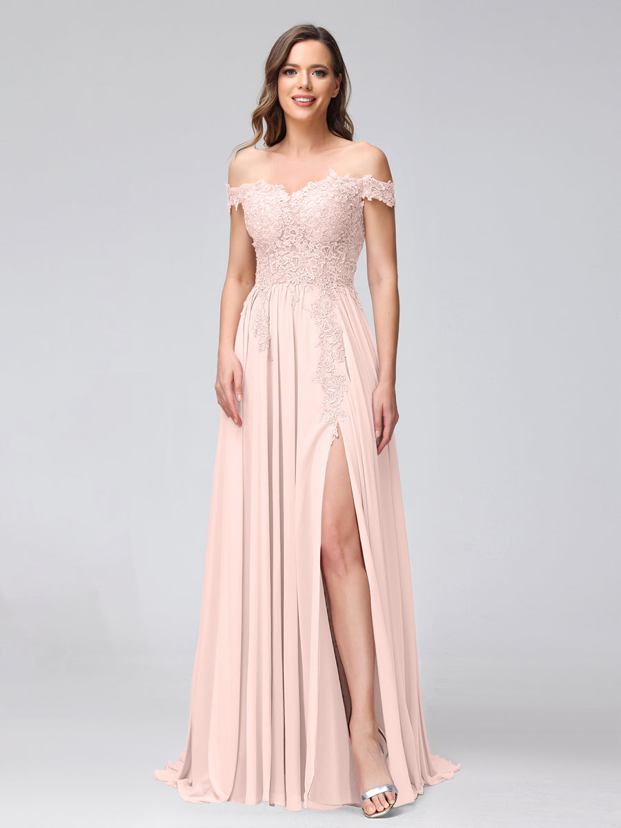 Vestidos Longos de Dama de Honra com Apliques de Chiffon Sem Mangas com Ombros de Fora e Fenda Lateral