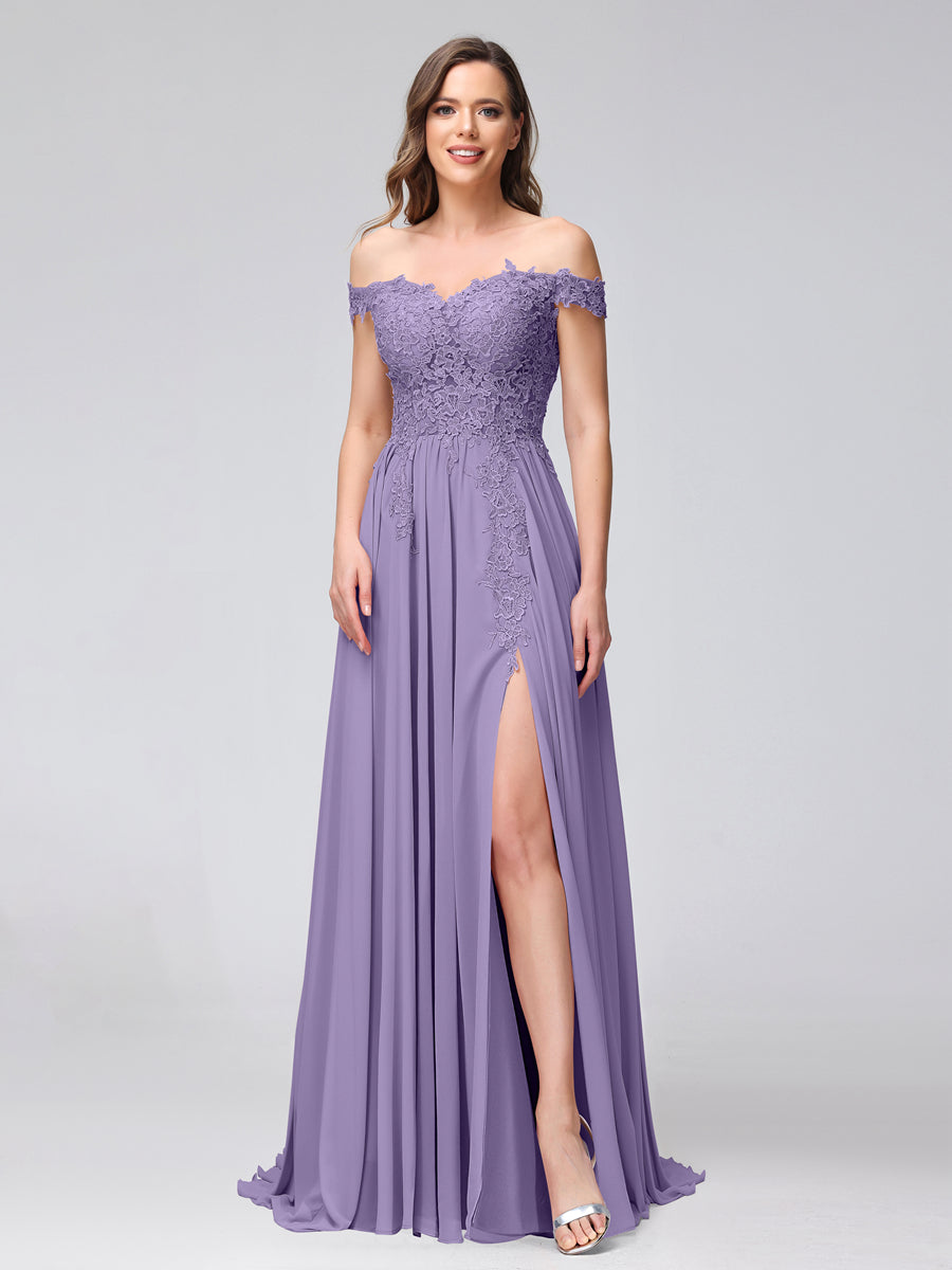 Vestidos Longos de Dama de Honra com Apliques de Chiffon Sem Mangas com Ombros de Fora e Fenda Lateral