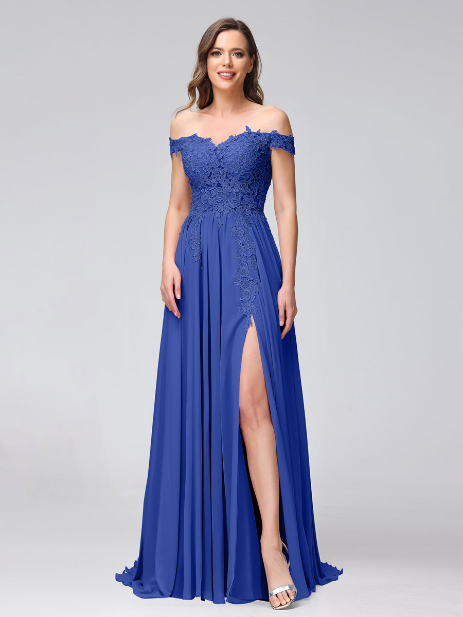 Vestidos Longos de Dama de Honra com Apliques de Chiffon Sem Mangas com Ombros de Fora e Fenda Lateral