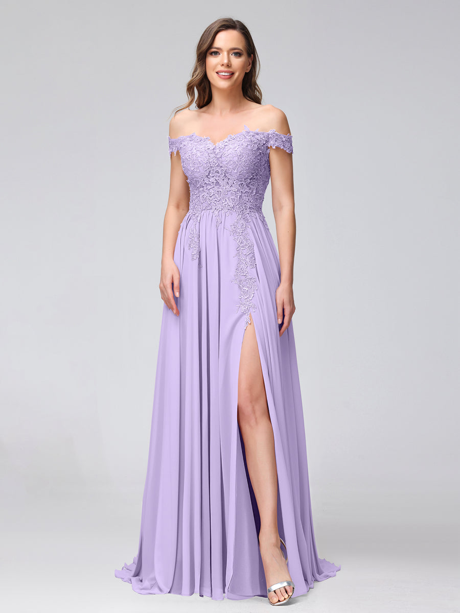 Vestidos Longos de Dama de Honra com Apliques de Chiffon Sem Mangas com Ombros de Fora e Fenda Lateral