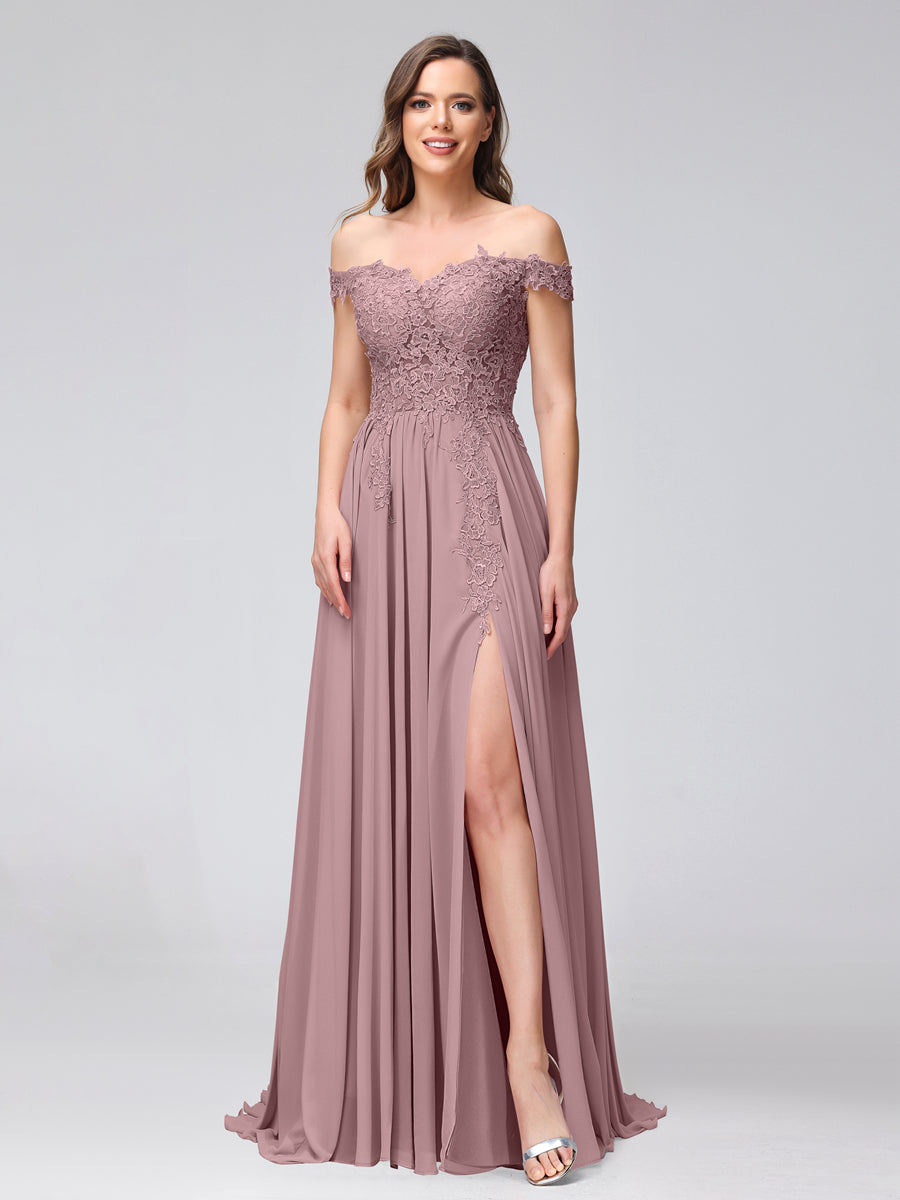 Vestidos Longos de Dama de Honra com Apliques de Chiffon Sem Mangas com Ombros de Fora e Fenda Lateral