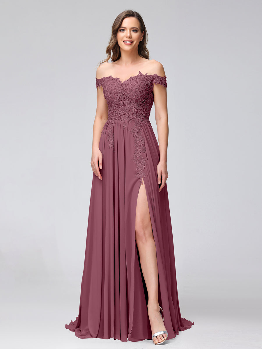 Vestidos Longos de Dama de Honra com Apliques de Chiffon Sem Mangas com Ombros de Fora e Fenda Lateral
