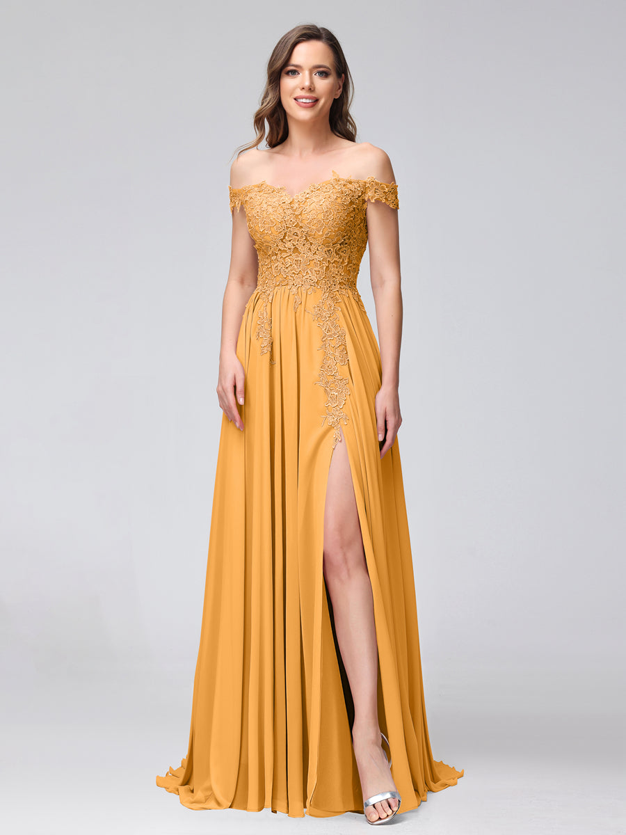 Vestidos Longos de Dama de Honra com Apliques de Chiffon Sem Mangas com Ombros de Fora e Fenda Lateral