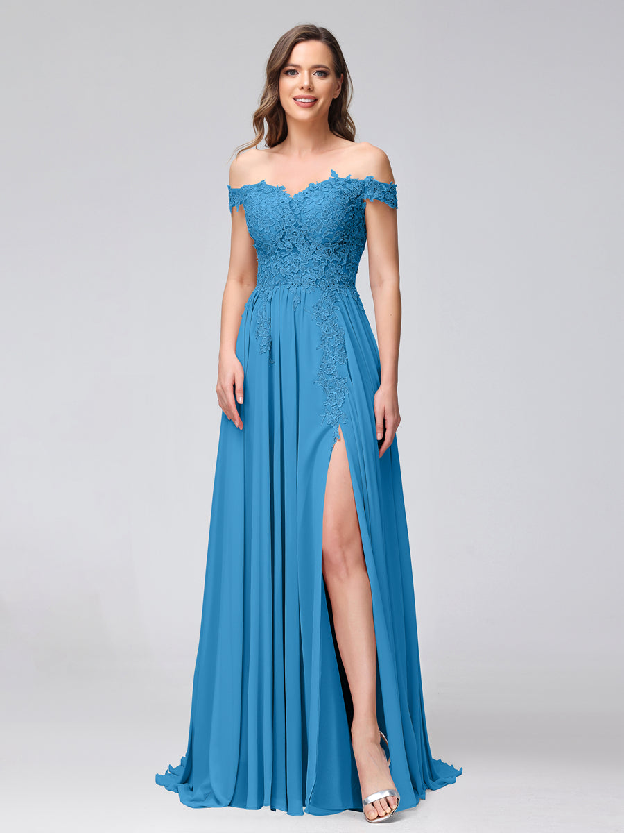 Vestidos Longos de Dama de Honra com Apliques de Chiffon Sem Mangas com Ombros de Fora e Fenda Lateral