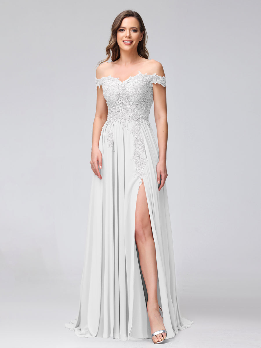 Vestidos Longos de Dama de Honra com Apliques de Chiffon Sem Mangas com Ombros de Fora e Fenda Lateral