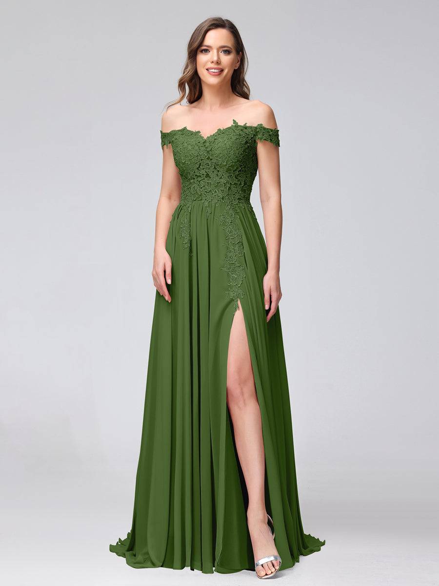 Vestidos Longos de Dama de Honra com Apliques de Chiffon Sem Mangas com Ombros de Fora e Fenda Lateral