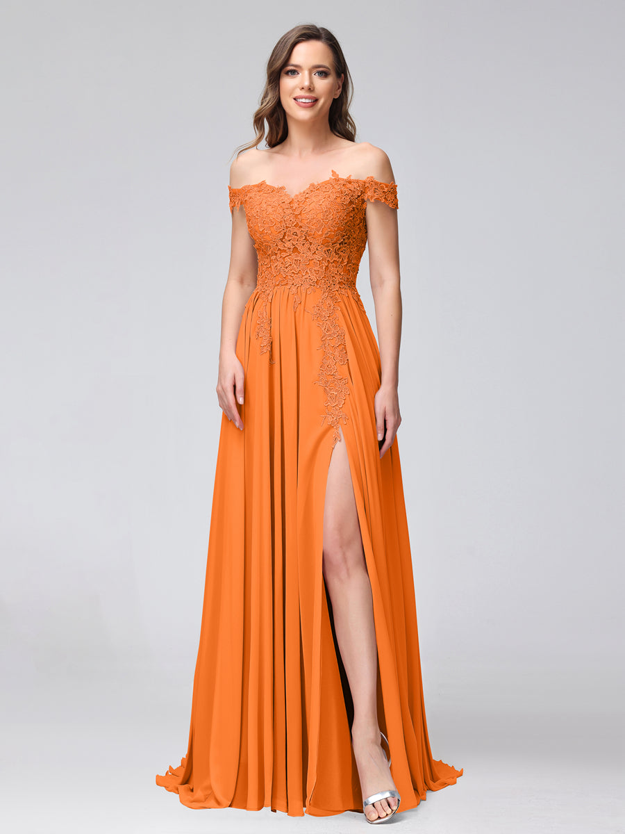 Vestidos Longos de Dama de Honra com Apliques de Chiffon Sem Mangas com Ombros de Fora e Fenda Lateral