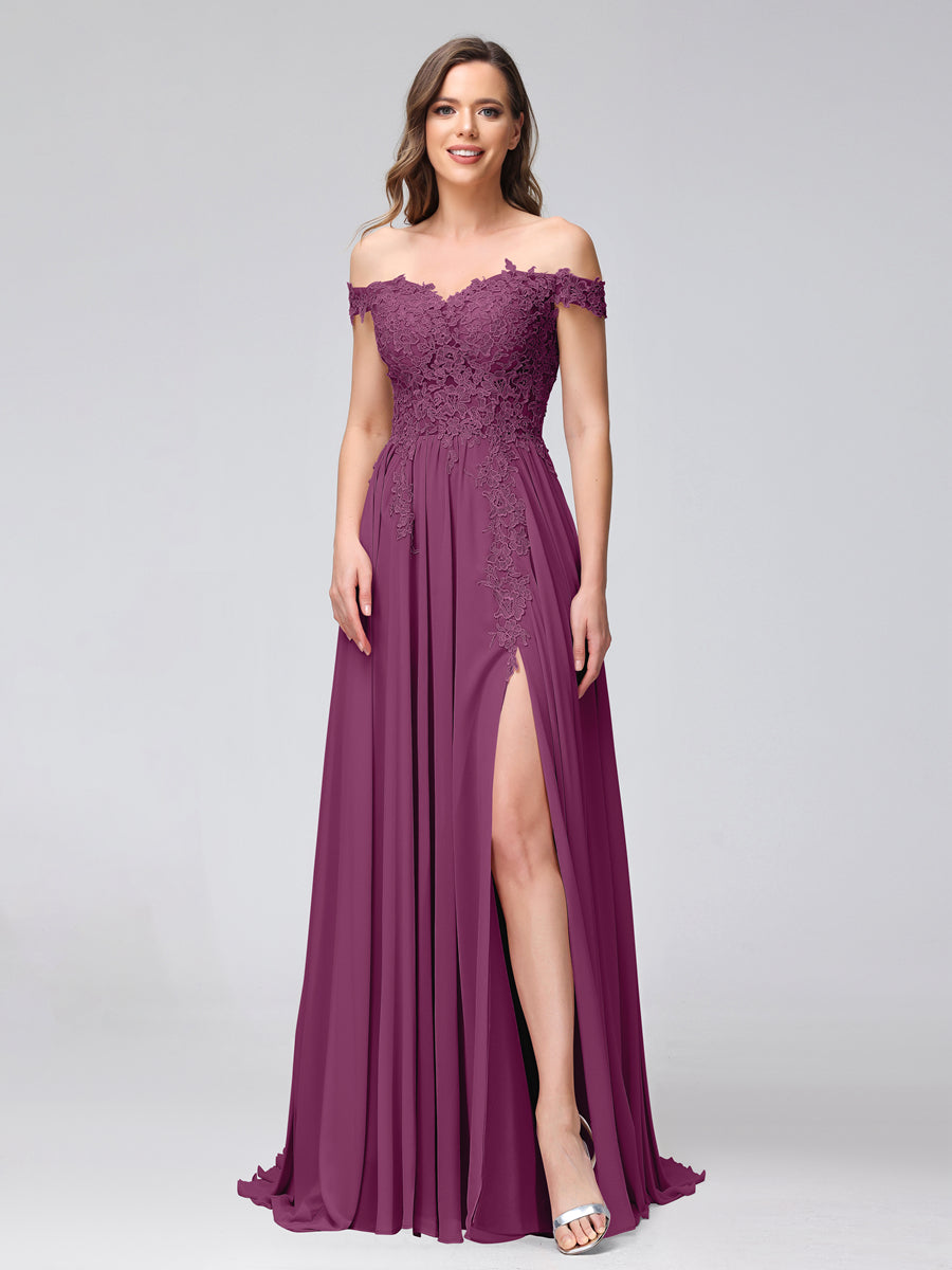 Vestidos Longos de Dama de Honra com Apliques de Chiffon Sem Mangas com Ombros de Fora e Fenda Lateral
