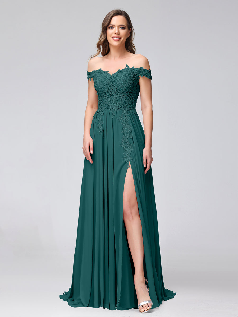 Vestidos Longos de Dama de Honra com Apliques de Chiffon Sem Mangas com Ombros de Fora e Fenda Lateral