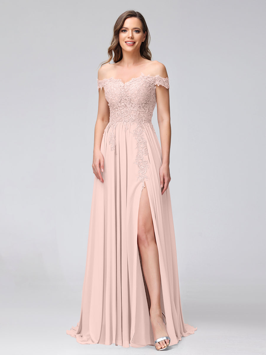 Vestidos Longos de Dama de Honra com Apliques de Chiffon Sem Mangas com Ombros de Fora e Fenda Lateral