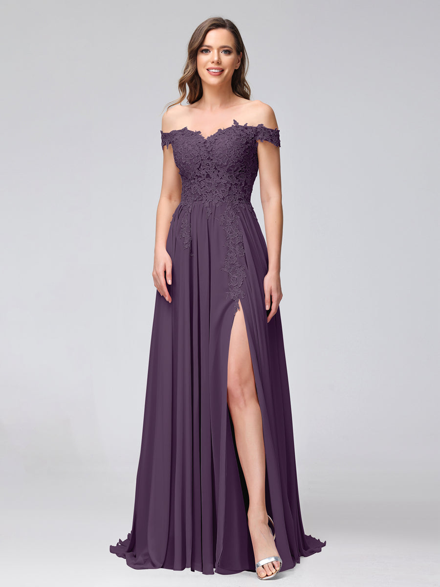 Vestidos Longos de Dama de Honra com Apliques de Chiffon Sem Mangas com Ombros de Fora e Fenda Lateral