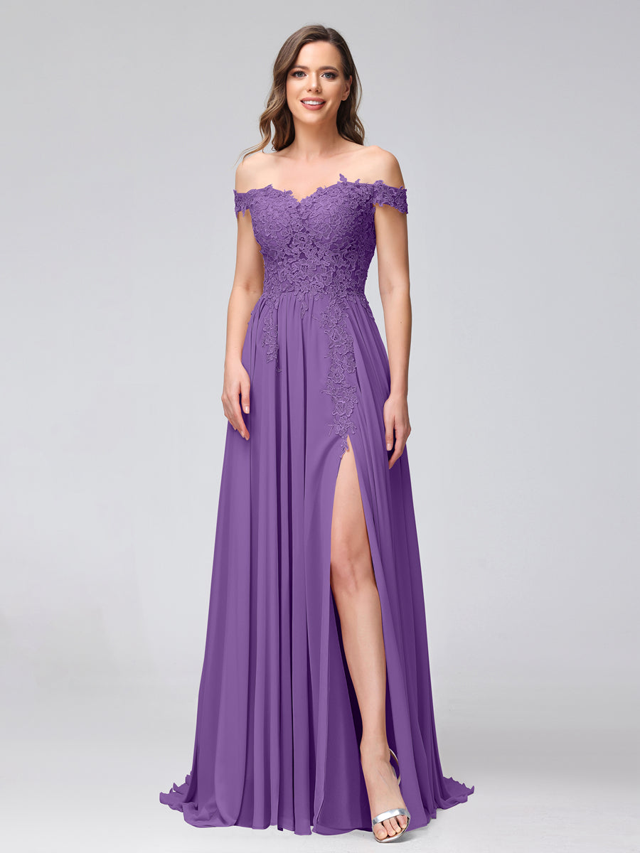Vestidos Longos de Dama de Honra com Apliques de Chiffon Sem Mangas com Ombros de Fora e Fenda Lateral