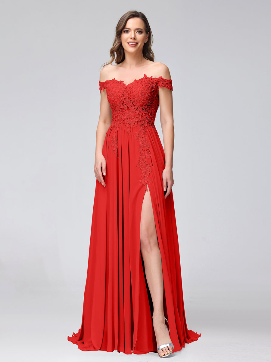 Vestidos Longos de Dama de Honra com Apliques de Chiffon Sem Mangas com Ombros de Fora e Fenda Lateral
