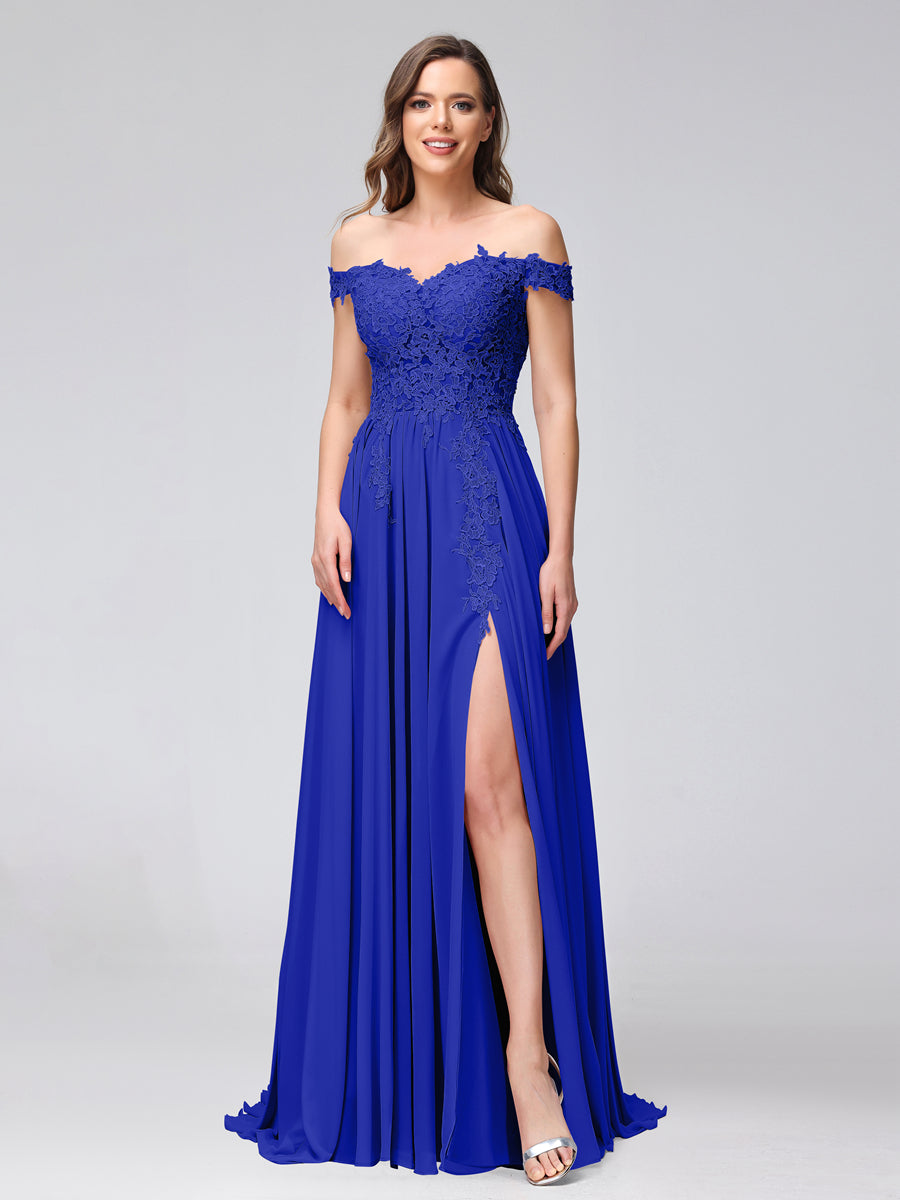 Vestidos Longos de Dama de Honra com Apliques de Chiffon Sem Mangas com Ombros de Fora e Fenda Lateral