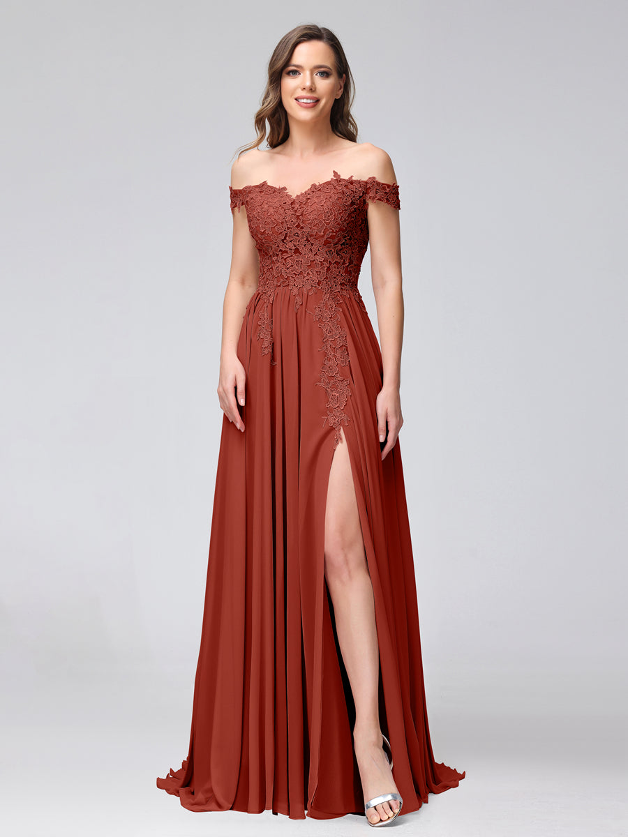 Vestidos Longos de Dama de Honra com Apliques de Chiffon Sem Mangas com Ombros de Fora e Fenda Lateral