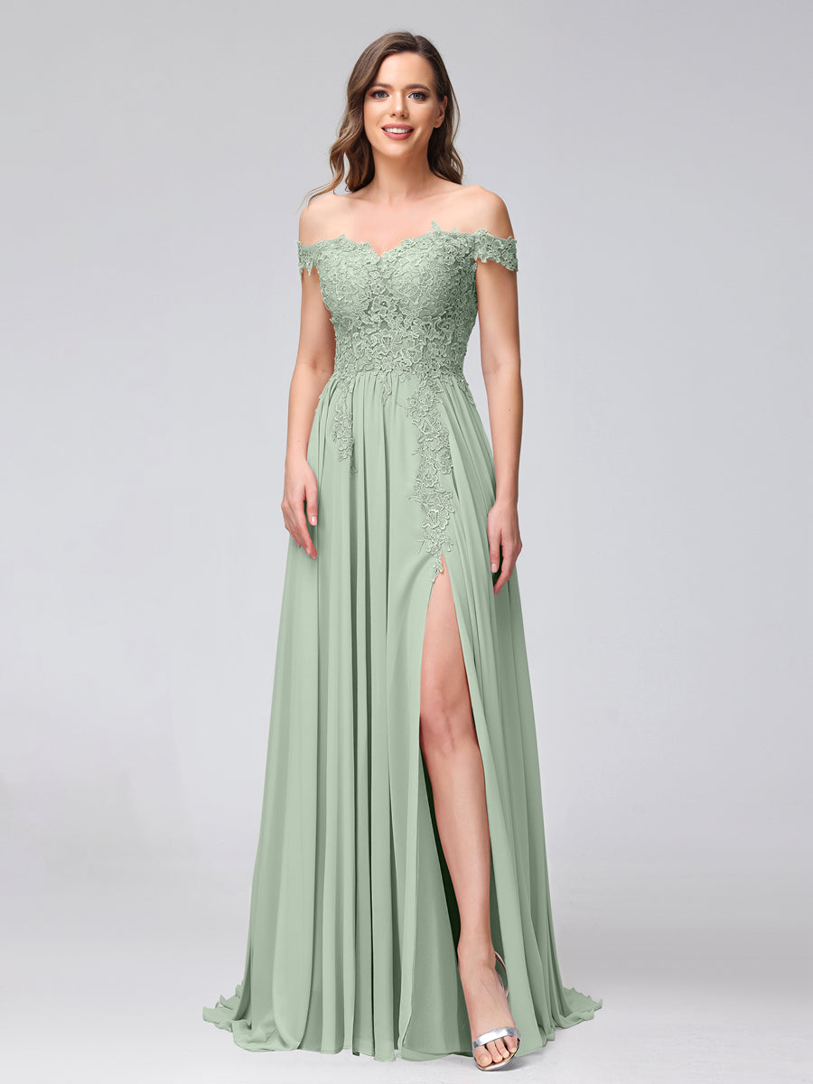 Vestidos Longos de Dama de Honra com Apliques de Chiffon Sem Mangas com Ombros de Fora e Fenda Lateral