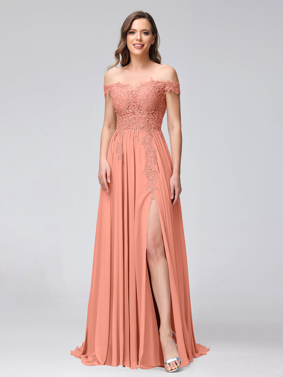 Vestidos Longos de Dama de Honra com Apliques de Chiffon Sem Mangas com Ombros de Fora e Fenda Lateral