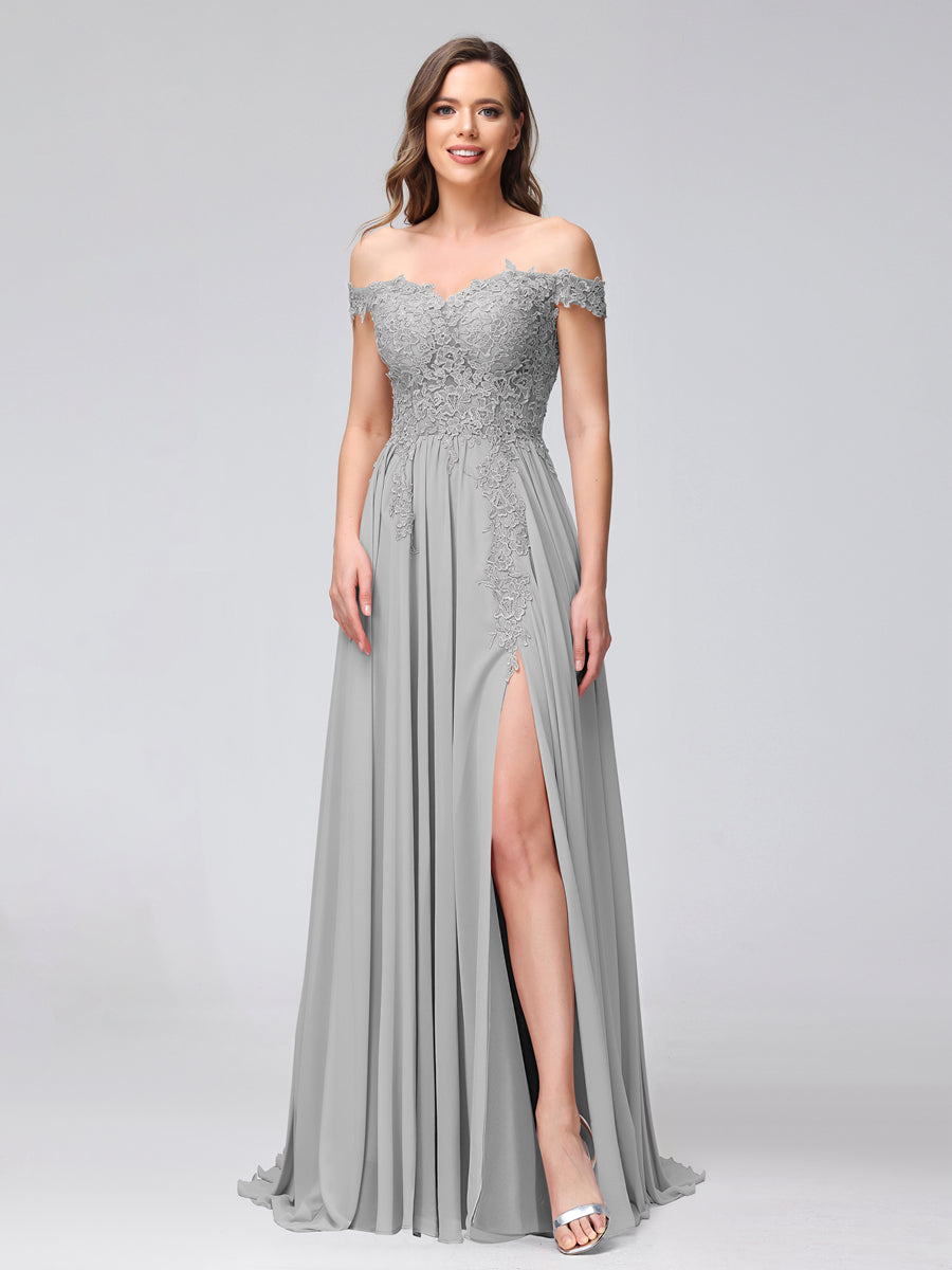 Vestidos Longos de Dama de Honra com Apliques de Chiffon Sem Mangas com Ombros de Fora e Fenda Lateral