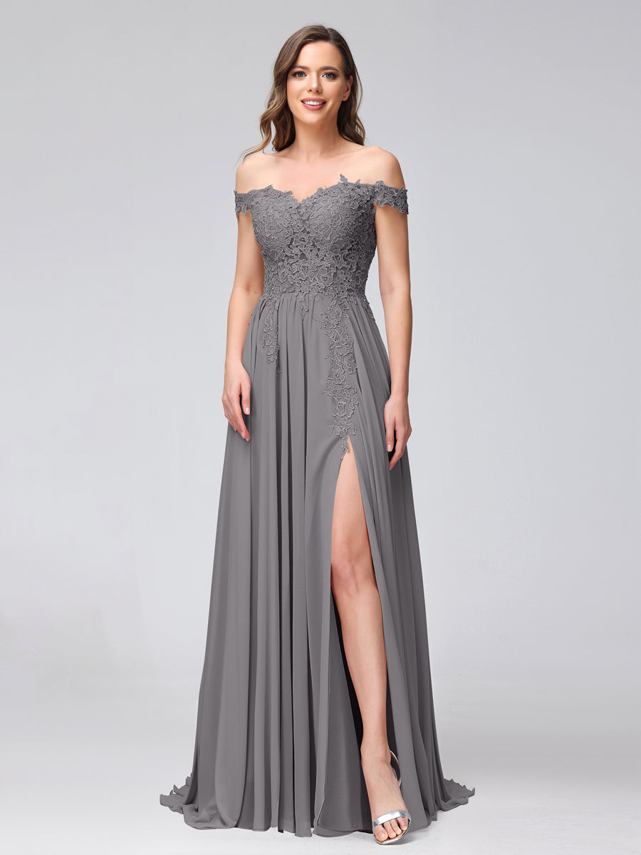 Vestidos Longos de Dama de Honra com Apliques de Chiffon Sem Mangas com Ombros de Fora e Fenda Lateral