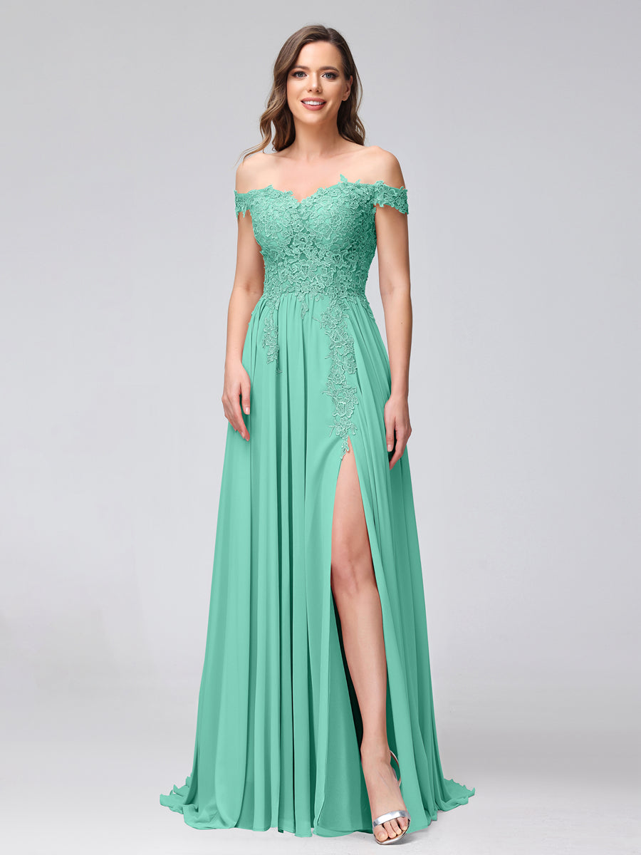 Vestidos Longos de Dama de Honra com Apliques de Chiffon Sem Mangas com Ombros de Fora e Fenda Lateral