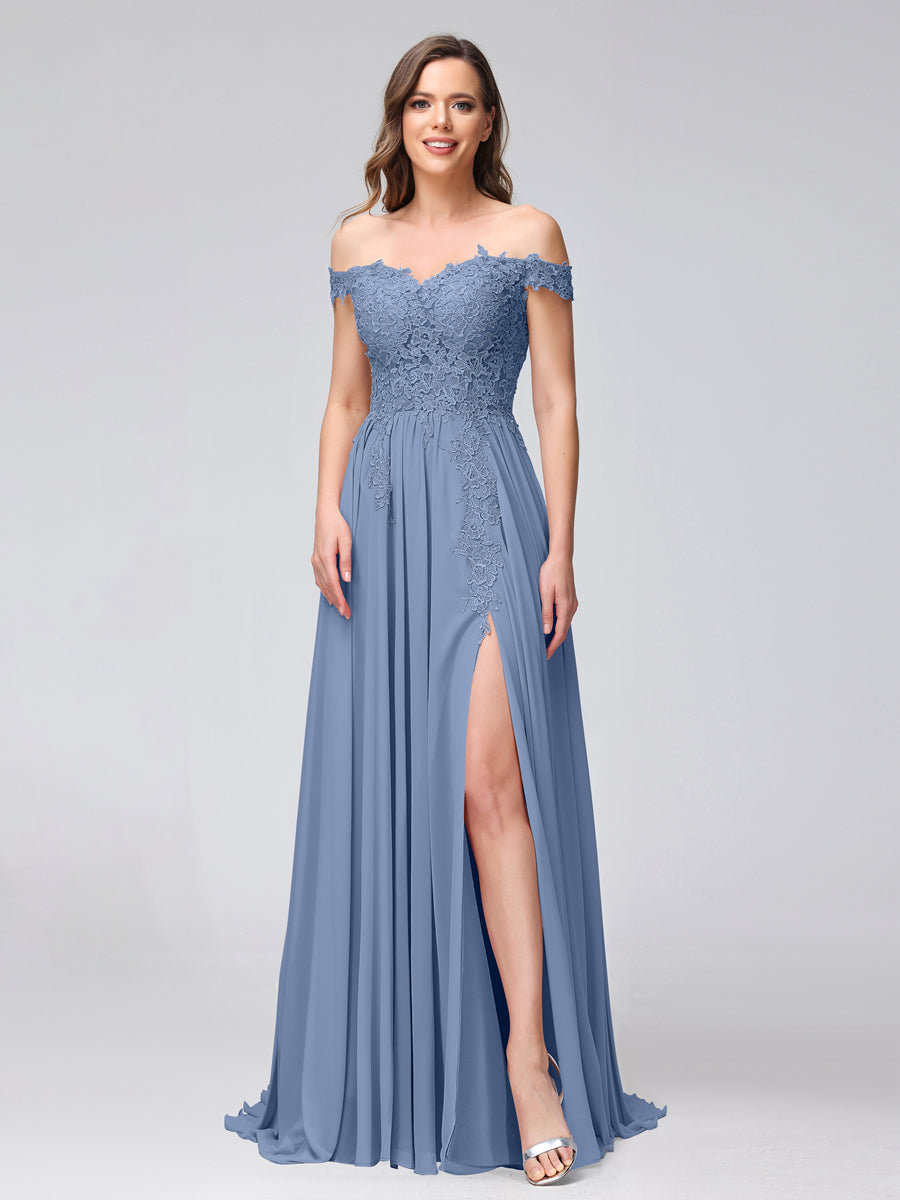 Vestidos Longos de Dama de Honra com Apliques de Chiffon Sem Mangas com Ombros de Fora e Fenda Lateral